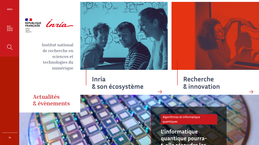 Homepage of Inria showcasing research and innovation with images and key text.