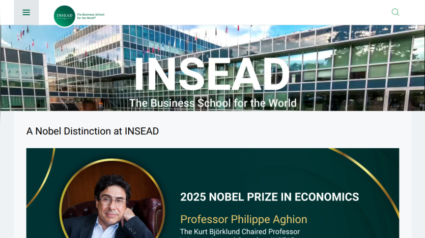 INSEAD business school homepage highlighting 2025 Nobel Prize in Economics awarded to Professor Philippe Aghion