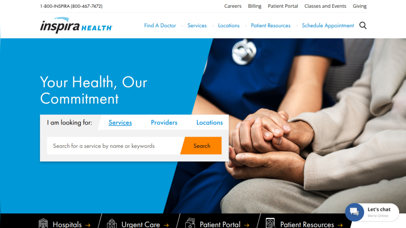 Inspira Health homepage with search bar for services, providers, and locations, and image of hands holding.