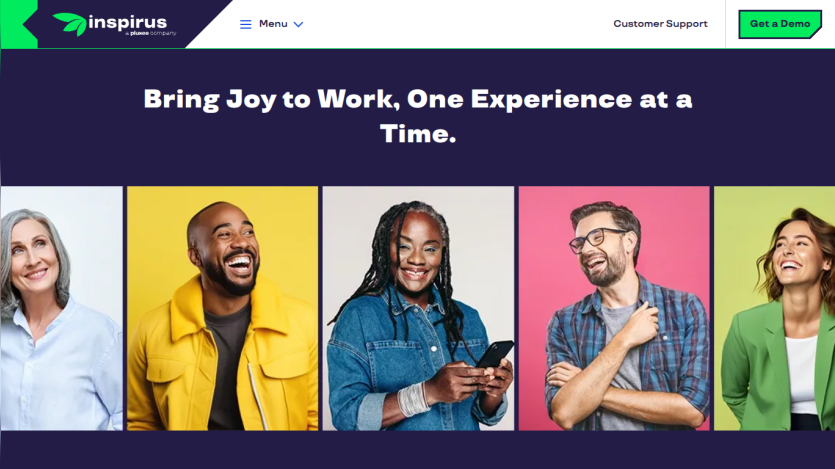 InspirUS homepage with headline 'Bring Joy to Work, One Experience at a Time' and smiling diverse people in colorful backgrounds