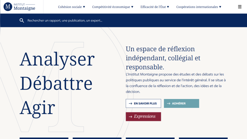 Homepage featuring search bar and key phrases: 'Analyser', 'Débattre', 'Agir'.