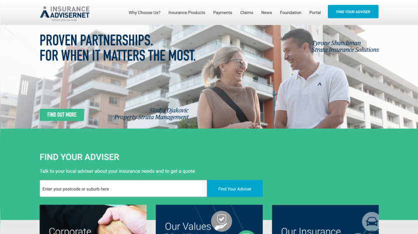 Insurance Adviser website with proven partnerships message, adviser search by postcode, and navigation menu