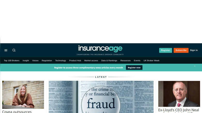 Insurance Age website homepage with navigation, registration prompt, and latest news articles on insurance topics
