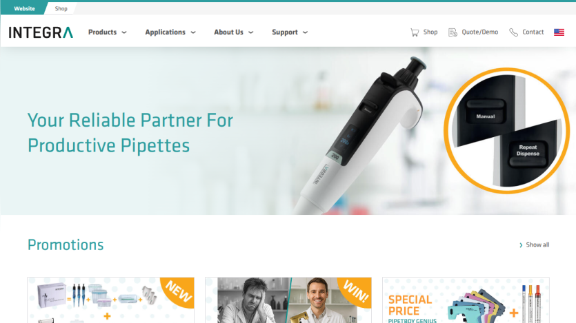 Homepage of Integra featuring pipettes with tagline 'Your Reliable Partner For Productive Pipettes' and promotions section