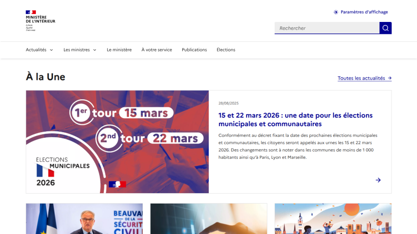 Homepage featuring upcoming municipal elections with dates and details.
