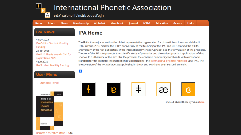 International Phonetic Association homepage with navigation menu, news, user menu, and phonetic symbols
