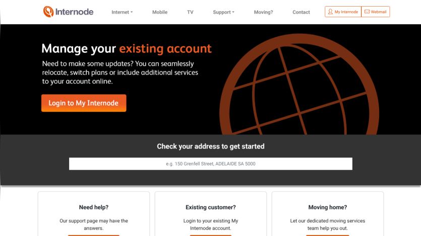 Internode account management page with login button and address check input for service availability.