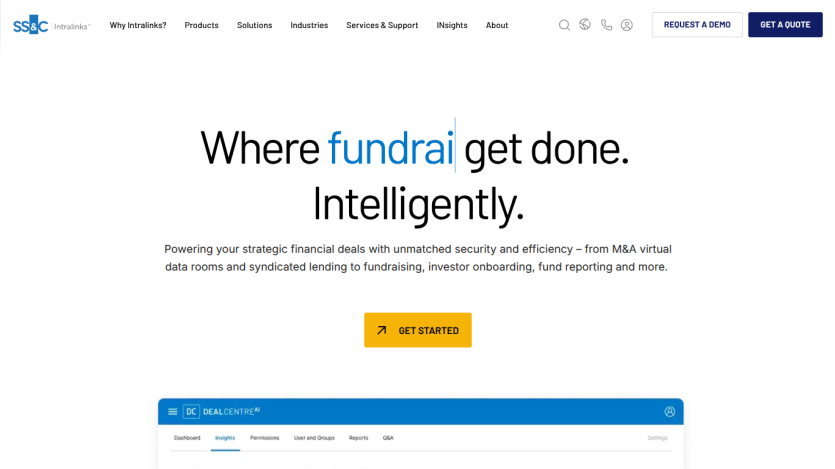 Homepage featuring a tagline about intelligent fundraising solutions and a call to action button.