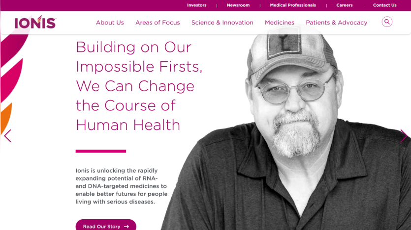 Ionis website hero section with headline about changing human health and a man in a cap, plus navigation links