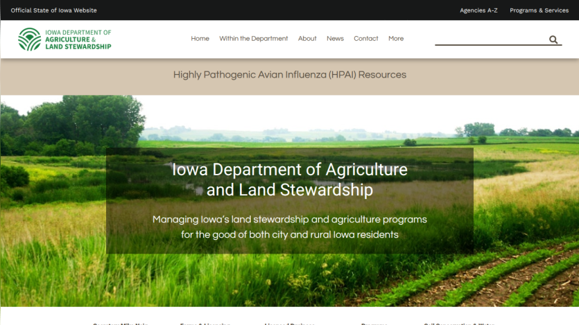 Iowa Department of Agriculture and Land Stewardship homepage with navigation and a scenic farmland hero image