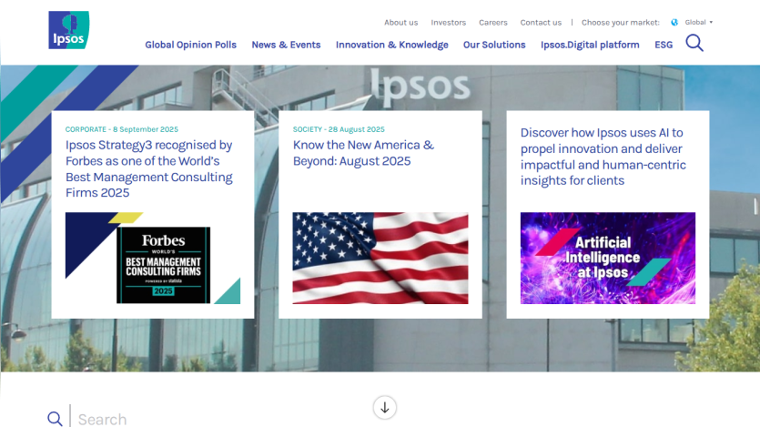 Ipsos website showcasing recent reports and innovations with a focus on consulting and AI.