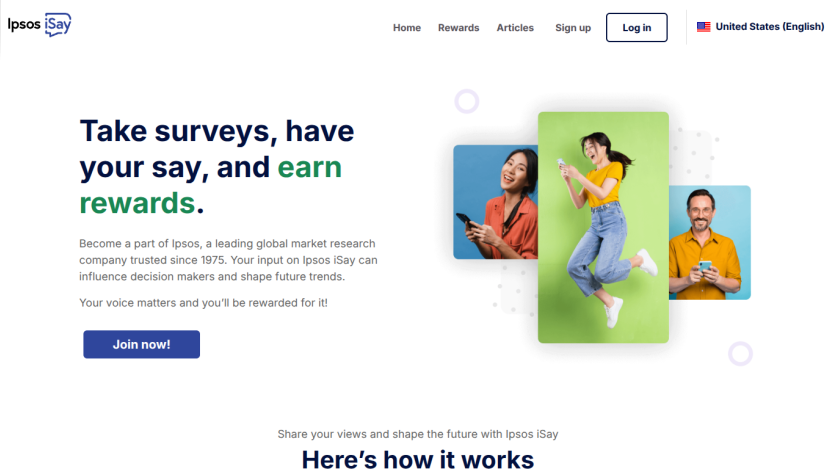 Landing page promoting survey participation with call to action and images of people engaging with surveys.