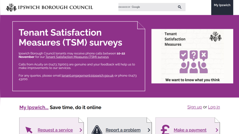 Ipswich Borough Council tenant satisfaction surveys page with navigation and service options
