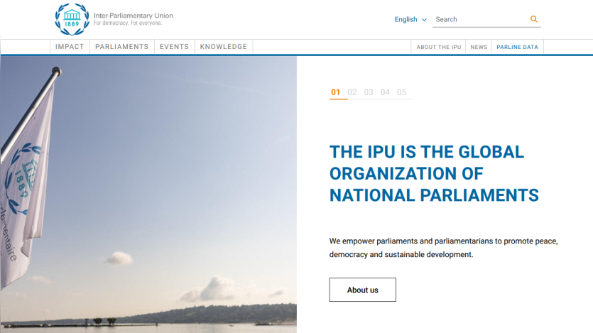 Homepage of the IPU, highlighting its role in promoting peace and sustainable development.