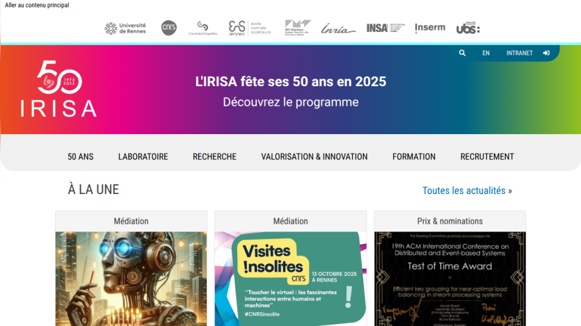 IRISA website celebrating its 50th anniversary with program highlights and featured activities.