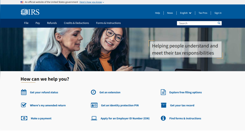 IRS homepage with options for tax assistance and a supportive message.