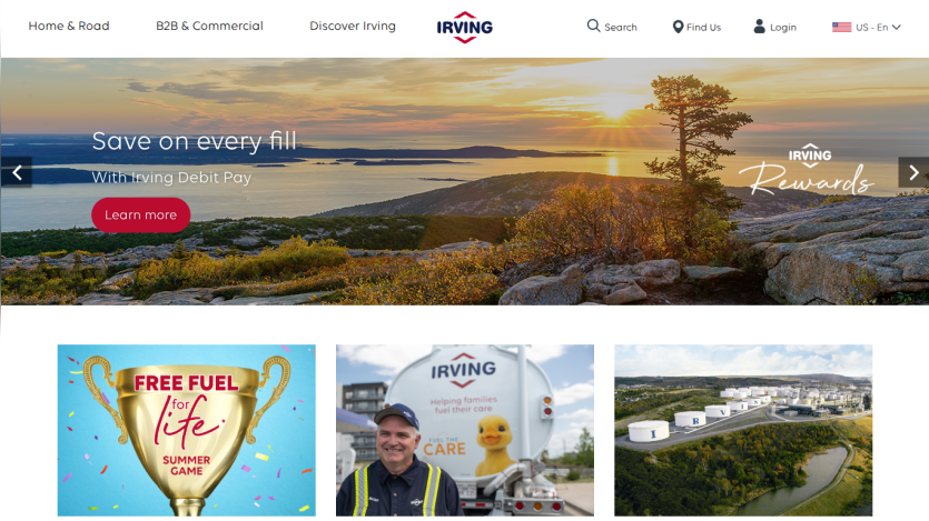 Irving website homepage with navigation bar, promotional banner about saving on fuel, and images highlighting services and locations