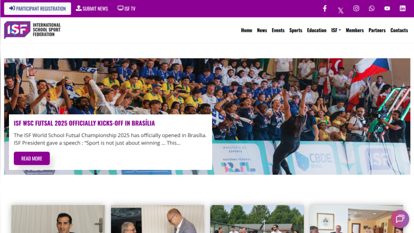 International School Sport Federation homepage with news about ISF WSC Futsal 2025 kickoff in Brasília and navigation menu
