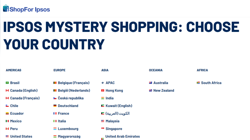 Ipsos Mystery Shopping country selection page with regions Americas, Europe, Asia, Oceania, Africa and country links