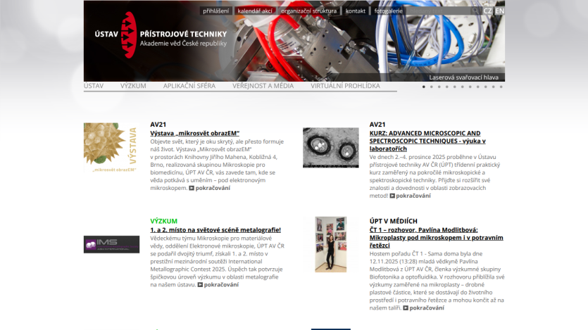 Homepage of Ústav přístrojové techniky with navigation, event announcements, research news, and media interviews