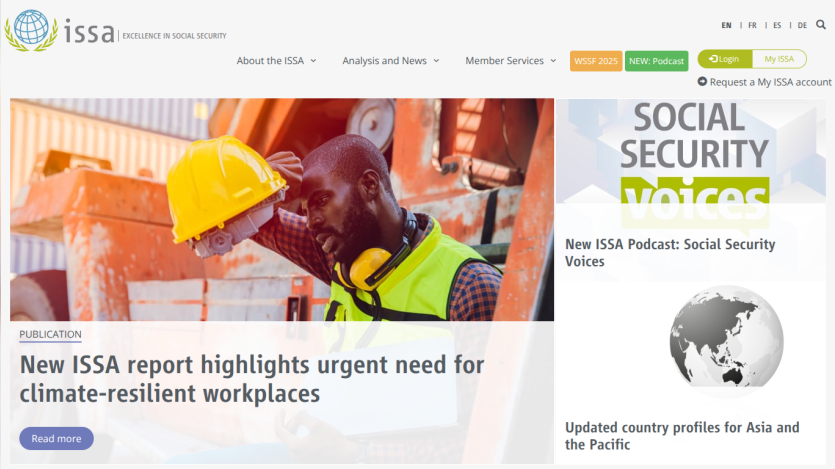 ISSA homepage featuring a report on urgent need for climate-resilient workplaces with a man in safety gear and social security voices section