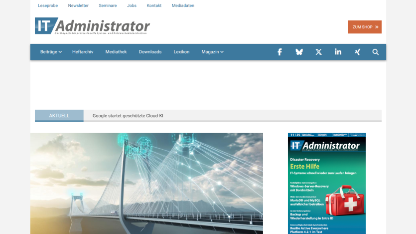 IT Administrator website homepage with navigation menu, social icons, and featured article on disaster recovery and IT system recovery.