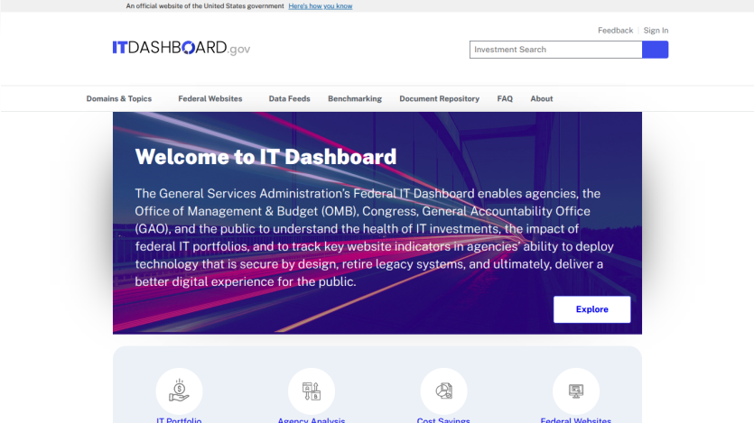 IT Dashboard homepage with navigation, search bar, and introduction to federal IT investment tracking