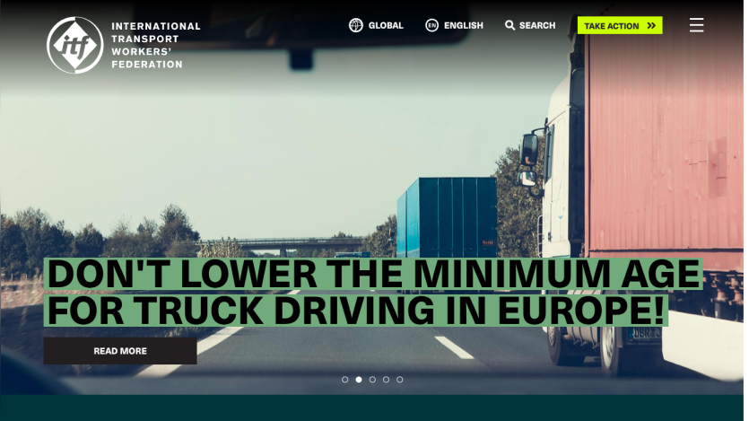 International Transport Workers Federation homepage with headline advocating not to lower minimum age for truck driving in Europe