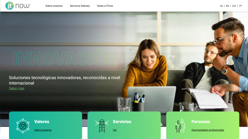 ITnow website with innovation theme, showcasing technological solutions and navigation links in Spanish