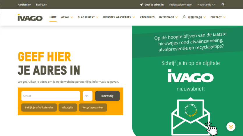 IVAGO website homepage with address input for personalized info and newsletter signup about waste collection and recycling tips