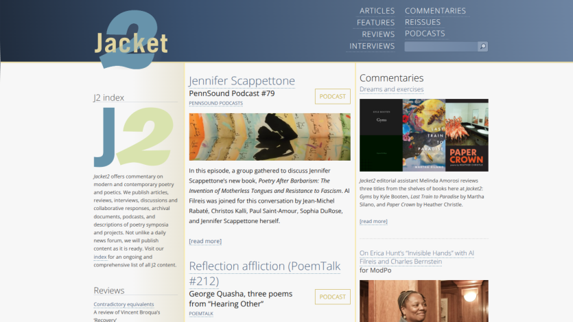 Jacket2 website homepage featuring poetry commentary, podcasts, reviews, and editorial content with navigation links