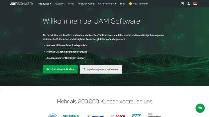 Homepage of JAM Software featuring a welcome message and call-to-action button.