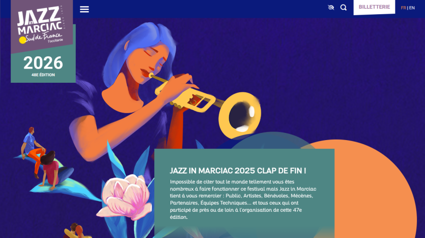 Jazz in Marciac 2026 festival homepage with illustration of trumpet player and thank you message for 2025 edition