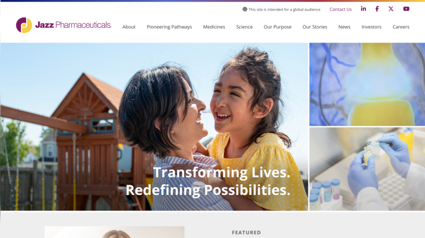 Homepage of Jazz Pharmaceuticals featuring a mother and child with the tagline 'Transforming Lives. Redefining Possibilities.'