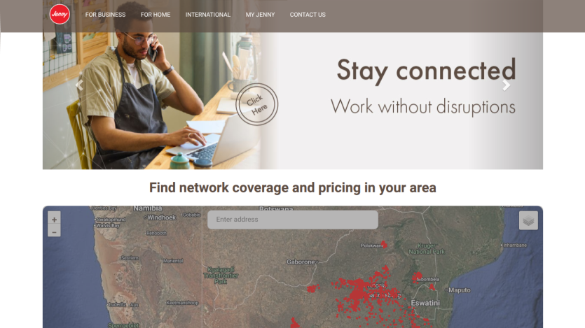 Telecom website with navigation menu, banner 'Stay connected Work without disruptions', and interactive network coverage map