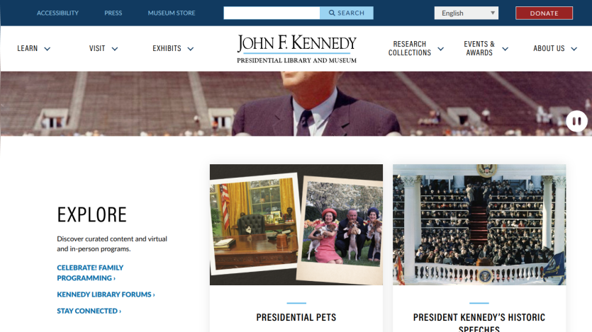 Homepage of the John F. Kennedy Presidential Library with explore options and featured collections.