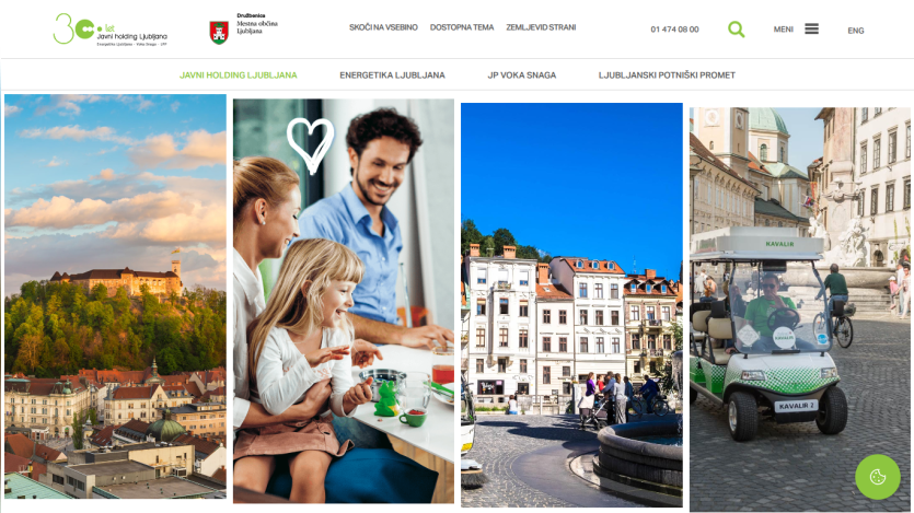 Javni Holding Ljubljana website with navigation menu and images of Ljubljana cityscape, family, and local transport