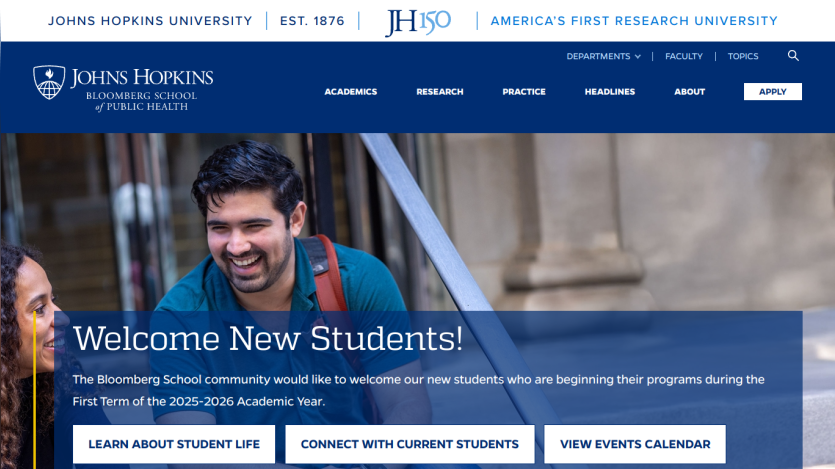 Homepage of Johns Hopkins University welcoming new students with navigation options.