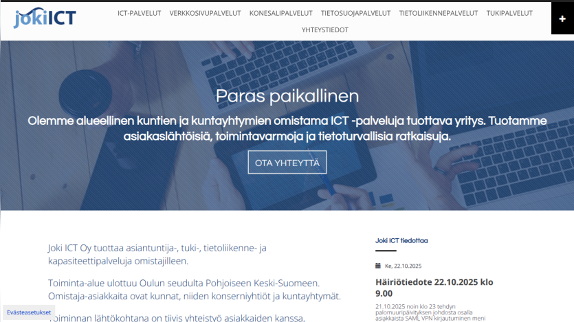 Website homepage with navigation bar, headline about local ICT services, and a contact button