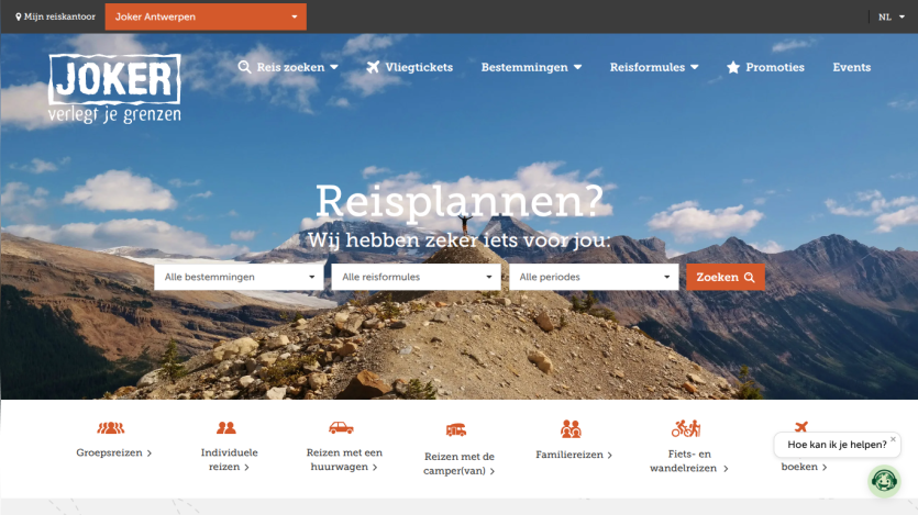 Travel website Joker with search options for destinations, travel types, and periods over mountain landscape background