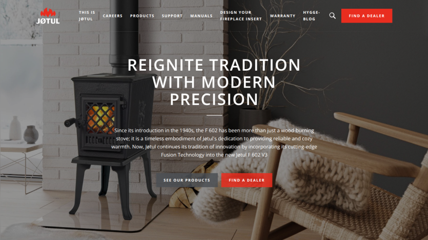 Homepage featuring a wood-burning stove with text about tradition and modern precision, plus navigation and call-to-action buttons