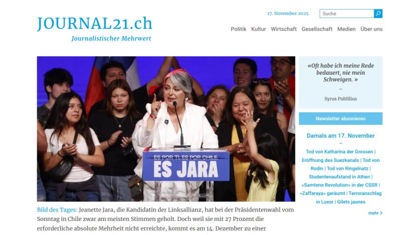 Journal21.ch homepage with news about Jeanette Jara, Chilean presidential candidate, and a quote from Syrus Publilius