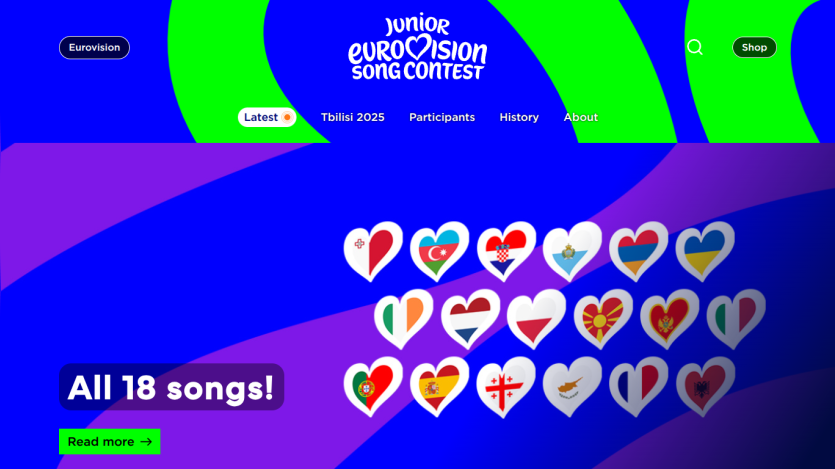 Junior Eurovision Song Contest homepage showing navigation and icons representing 18 participating countries