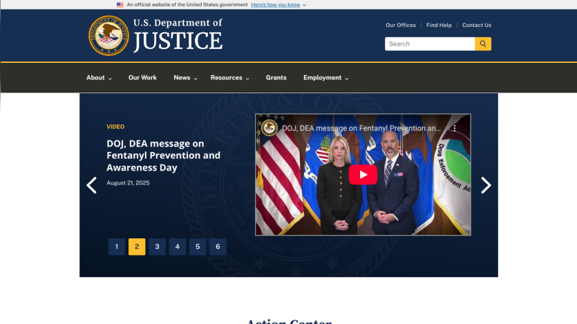 U.S. Department of Justice homepage featuring a video message on awareness day.