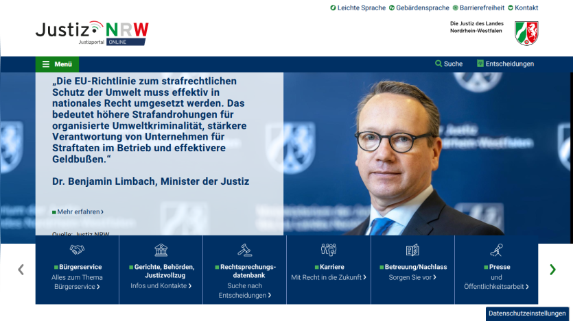 Justice NRW portal homepage with a quote from Dr. Benjamin Limbach, Minister of Justice, and navigation links for citizen services, courts, legal database, careers, care, and press.