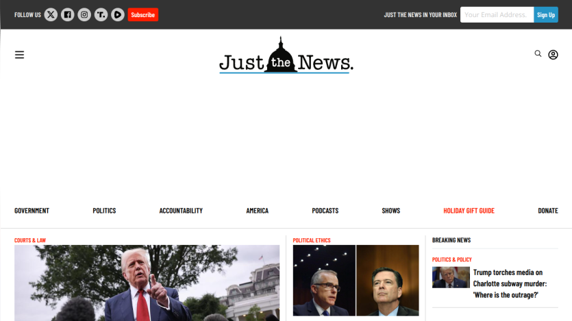 Homepage of Just the News featuring news categories and a prominent image of Donald Trump.