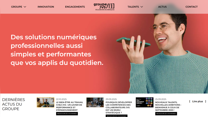 Website header with navigation and hero section promoting simple, efficient digital solutions with a man speaking into a phone