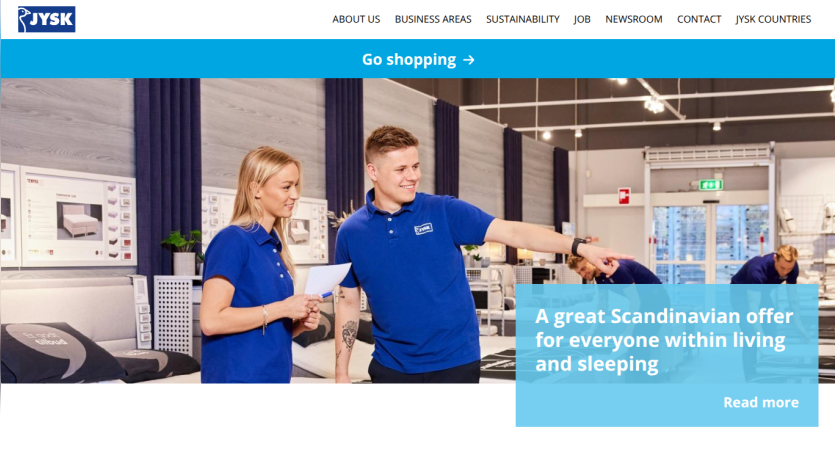 Homepage featuring a Scandinavian offer for living and sleeping with a shopping button.
