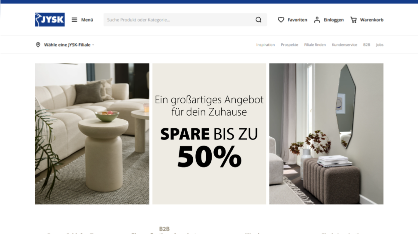 Promotional banner offering up to 50% off home products with images of furniture.