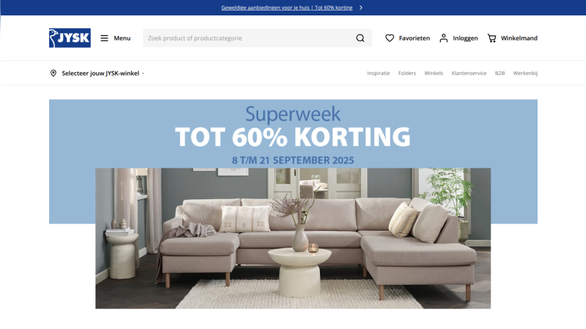 Promotional banner for Superweek with up to 60% discount on furniture.
